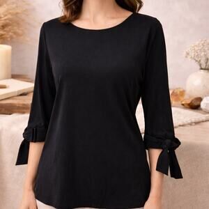 Lafayette 148 Bow tie Sleeve Top Size Small Black 3/4 Sleeve round neck Pullover